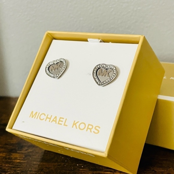 Michael Kors Heart Logo Earrings • Silver Pavé Crystal Studs • NWT - Picture 2 of 3